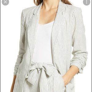 Caslon Linen Blend Blazer In Ivory- Green Stripe SZ XS